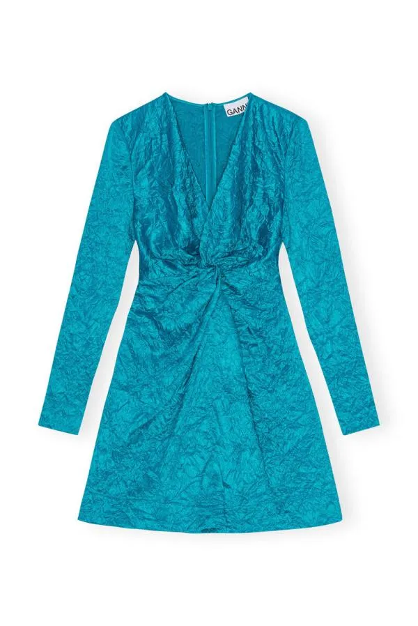 Clothing GANNI Dresses Blue Crinkled Satin Gathered Knot Mini Dress Algiers Blue Clothing GANNI Dresses Blue Crinkled Satin Gathered Knot Mini Dress Algiers Blue