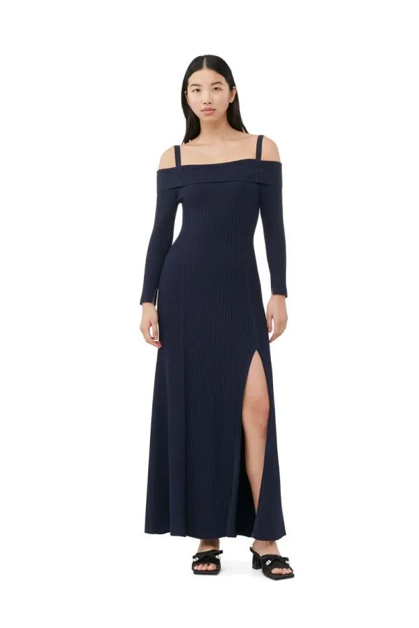 Clothing GANNI Dresses Blue Melange Knit Off Shoulder Maxi Dress Sky Captain