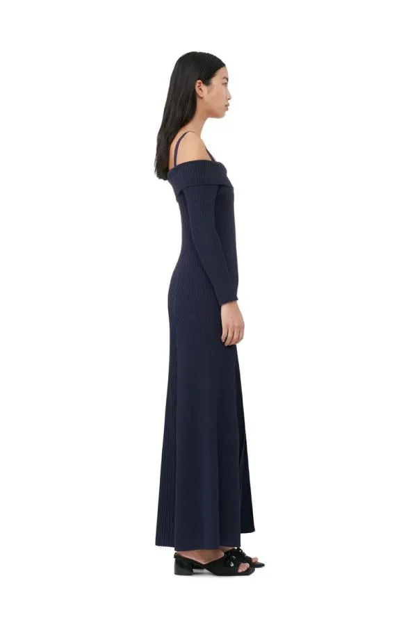 Clothing GANNI Dresses Blue Melange Knit Off Shoulder Maxi Dress Sky Captain