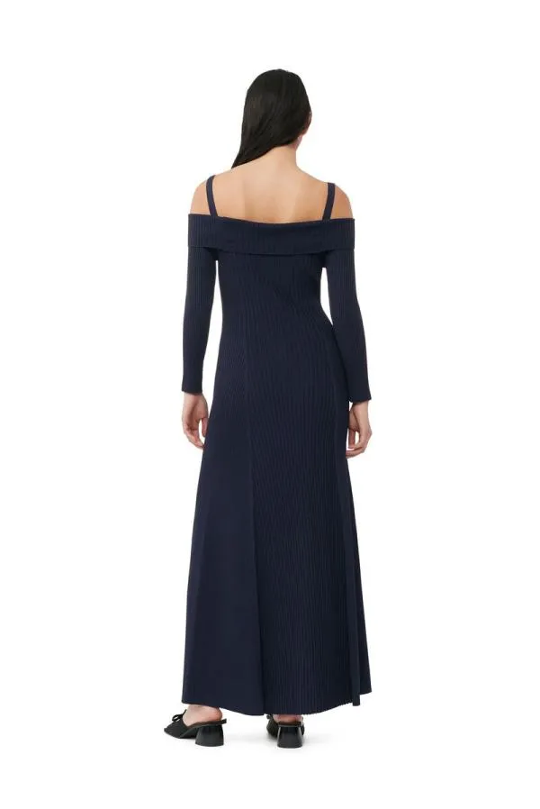 Clothing GANNI Dresses Blue Melange Knit Off Shoulder Maxi Dress Sky Captain