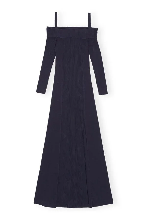 Clothing GANNI Dresses Blue Melange Knit Off Shoulder Maxi Dress Sky Captain