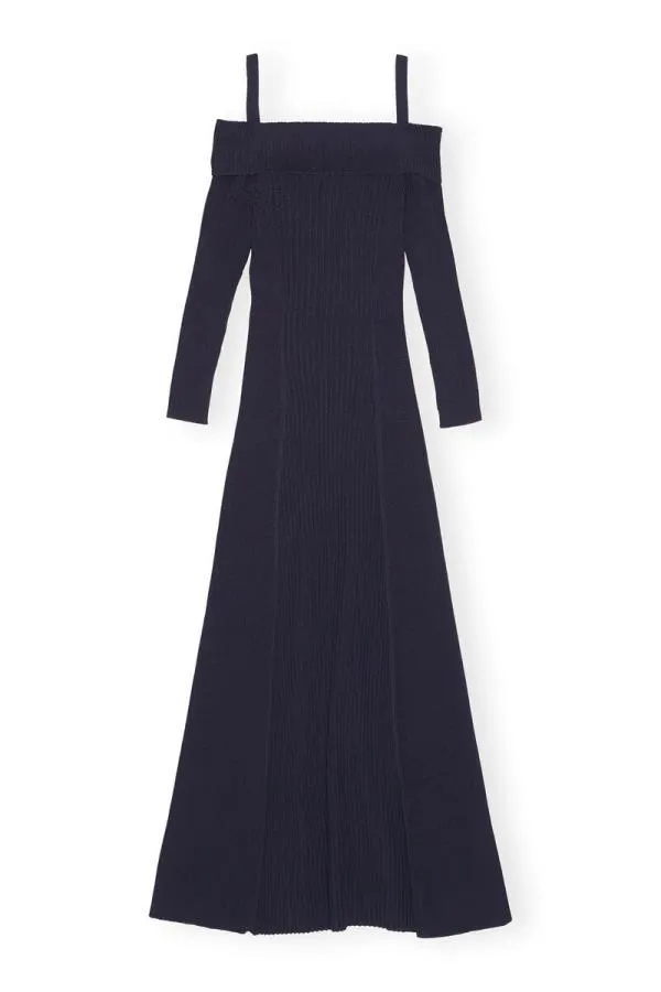 Clothing GANNI Dresses Blue Melange Knit Off Shoulder Maxi Dress Sky Captain