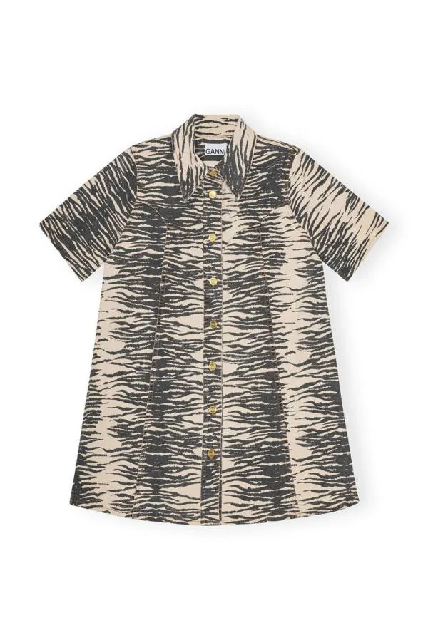 Clothing GANNI Dresses Print Denim Mini Dress Oyster Gray Clothing GANNI Dresses Print Denim Mini Dress Oyster Gray
