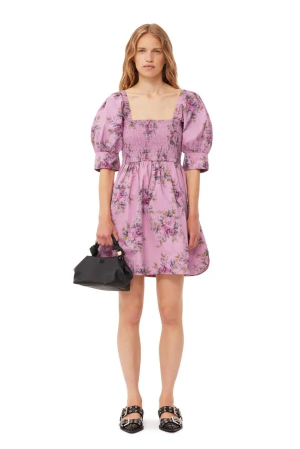 Clothing GANNI Dresses Printed Cotton Mini Smock Dress Orchid Smoke