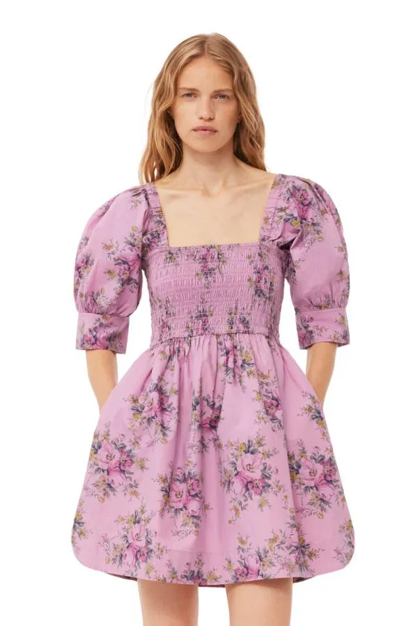 Clothing GANNI Dresses Printed Cotton Mini Smock Dress Orchid Smoke Clothing GANNI Dresses Printed Cotton Mini Smock Dress Orchid Smoke