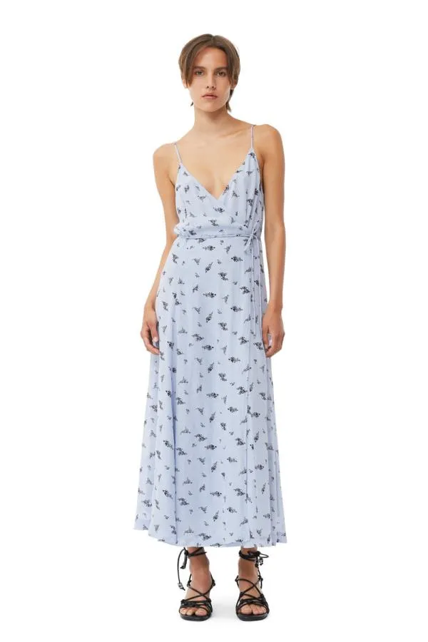 Clothing GANNI Dresses Printed Georgette Strap Wrap Dress Brunnera Blue