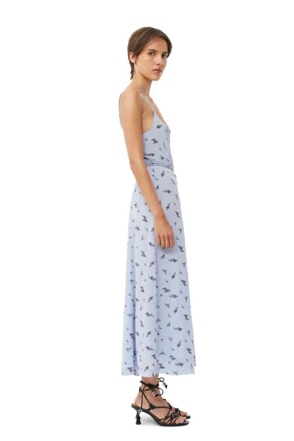 Clothing GANNI Dresses Printed Georgette Strap Wrap Dress Brunnera Blue