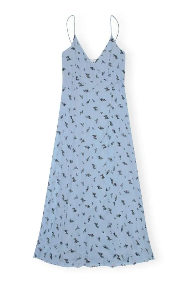 Clothing GANNI Dresses Printed Georgette Strap Wrap Dress Brunnera Blue