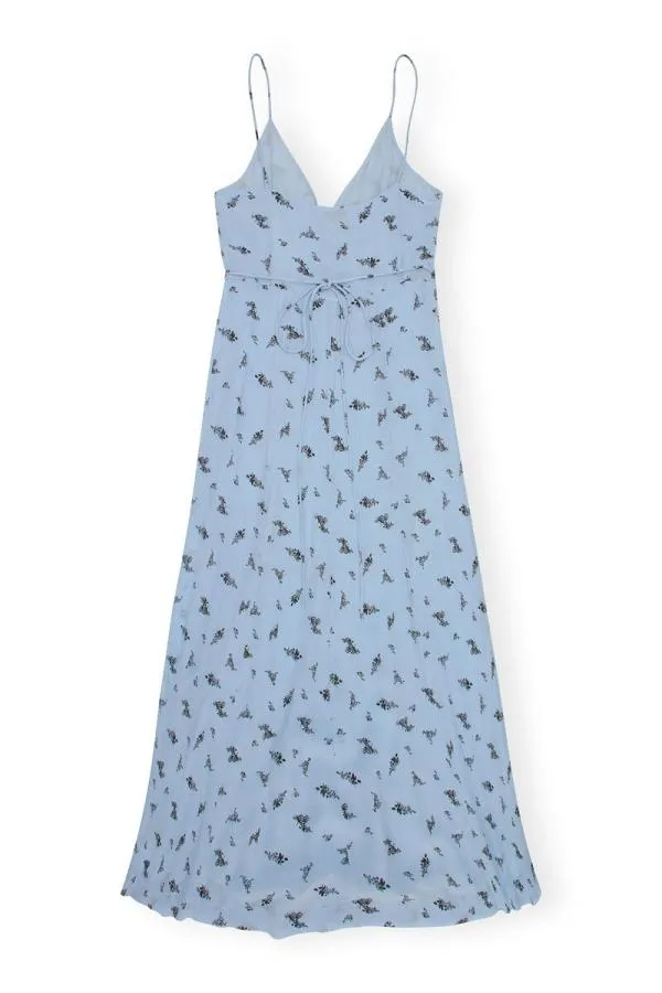 Clothing GANNI Dresses Printed Georgette Strap Wrap Dress Brunnera Blue