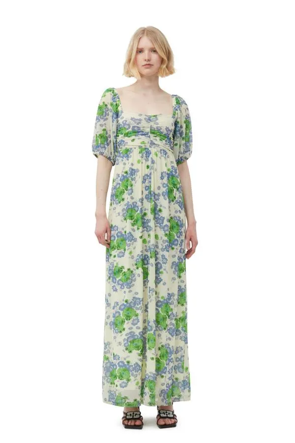 Clothing GANNI Dresses Printed Mesh Puff Sleeves Long Dress Egret