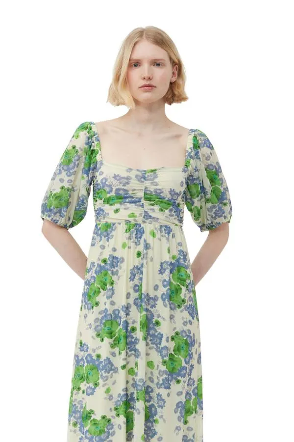 Clothing GANNI Dresses Printed Mesh Puff Sleeves Long Dress Egret Clothing GANNI Dresses Printed Mesh Puff Sleeves Long Dress Egret