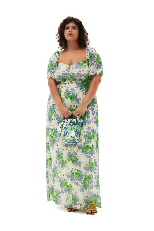 Clothing GANNI Dresses Printed Mesh Puff Sleeves Long Dress Egret Clothing GANNI Dresses Printed Mesh Puff Sleeves Long Dress Egret