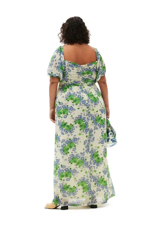 Clothing GANNI Dresses Printed Mesh Puff Sleeves Long Dress Egret Clothing GANNI Dresses Printed Mesh Puff Sleeves Long Dress Egret