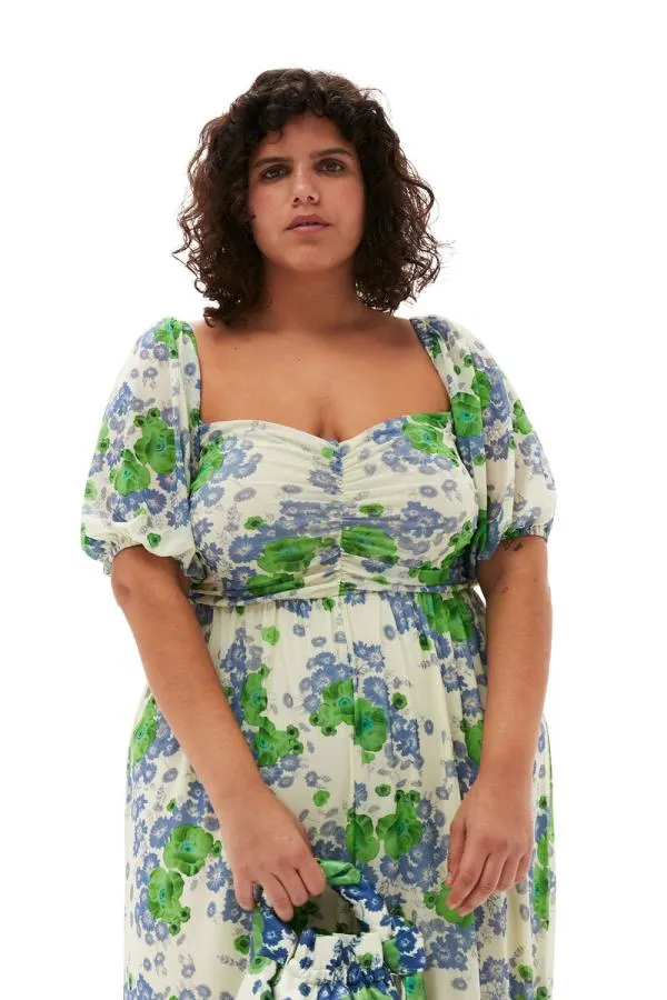 Clothing GANNI Dresses Printed Mesh Puff Sleeves Long Dress Egret Clothing GANNI Dresses Printed Mesh Puff Sleeves Long Dress Egret