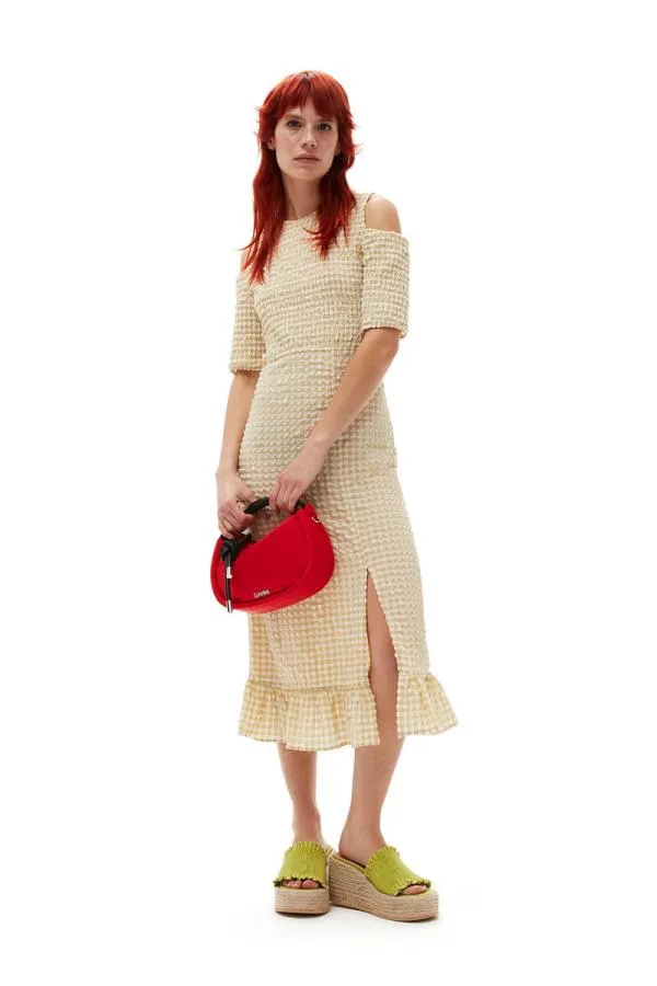 Clothing GANNI Dresses Stretch Seersucker Smock Dress Pale Khaki
