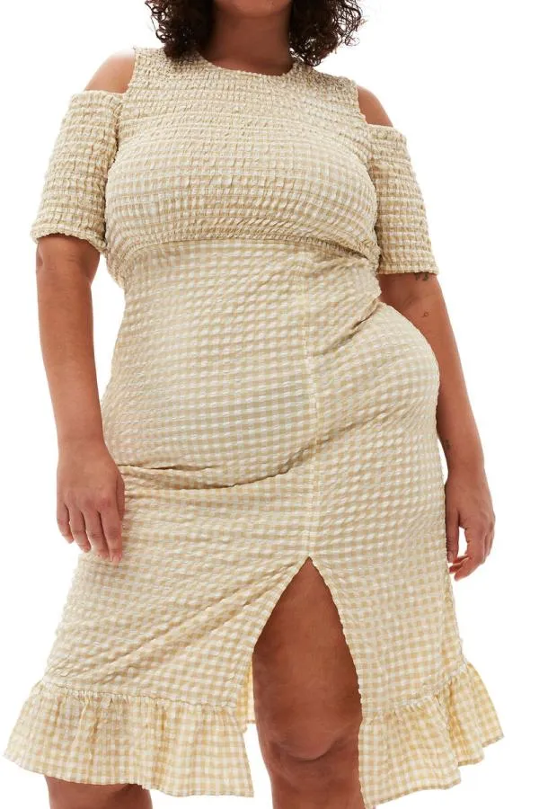 Clothing GANNI Dresses Stretch Seersucker Smock Dress Pale Khaki Clothing GANNI Dresses Stretch Seersucker Smock Dress Pale Khaki