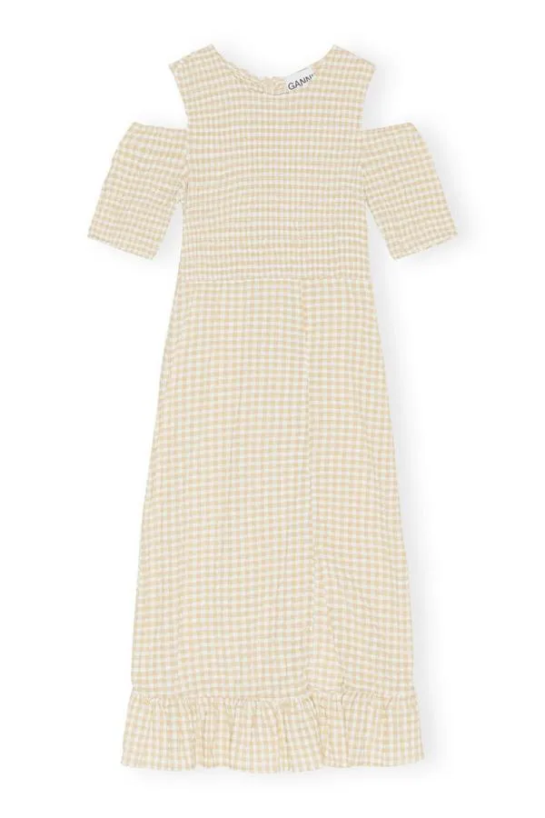 Clothing GANNI Dresses Stretch Seersucker Smock Dress Pale Khaki Clothing GANNI Dresses Stretch Seersucker Smock Dress Pale Khaki