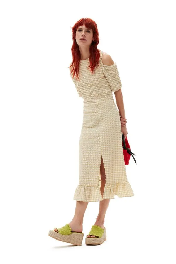 Clothing GANNI Dresses Stretch Seersucker Smock Dress Pale Khaki Clothing GANNI Dresses Stretch Seersucker Smock Dress Pale Khaki