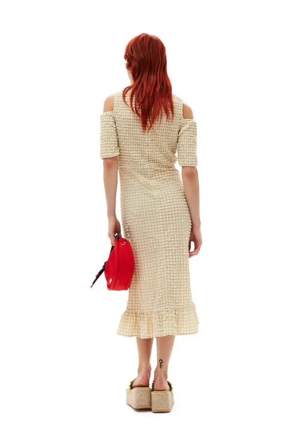 Clothing GANNI Dresses Stretch Seersucker Smock Dress Pale Khaki Clothing GANNI Dresses Stretch Seersucker Smock Dress Pale Khaki