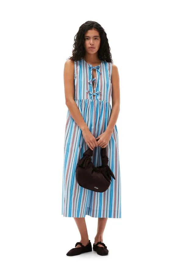 Clothing GANNI Dresses Stripe Cotton Poplin Midi Dress Brilliant Blue