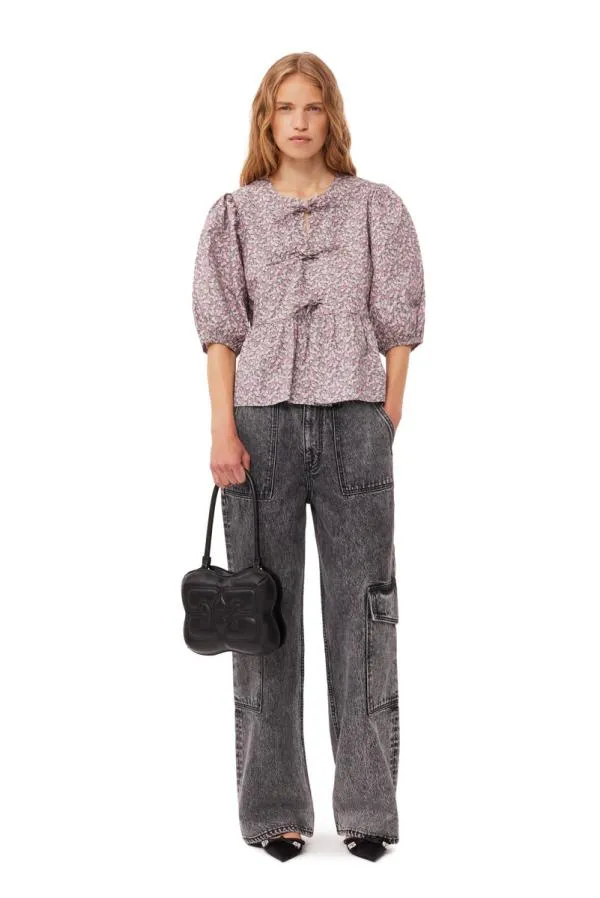 Clothing GANNI Extended Sizes Floral Cotton Poplin Blouse Frost Gray