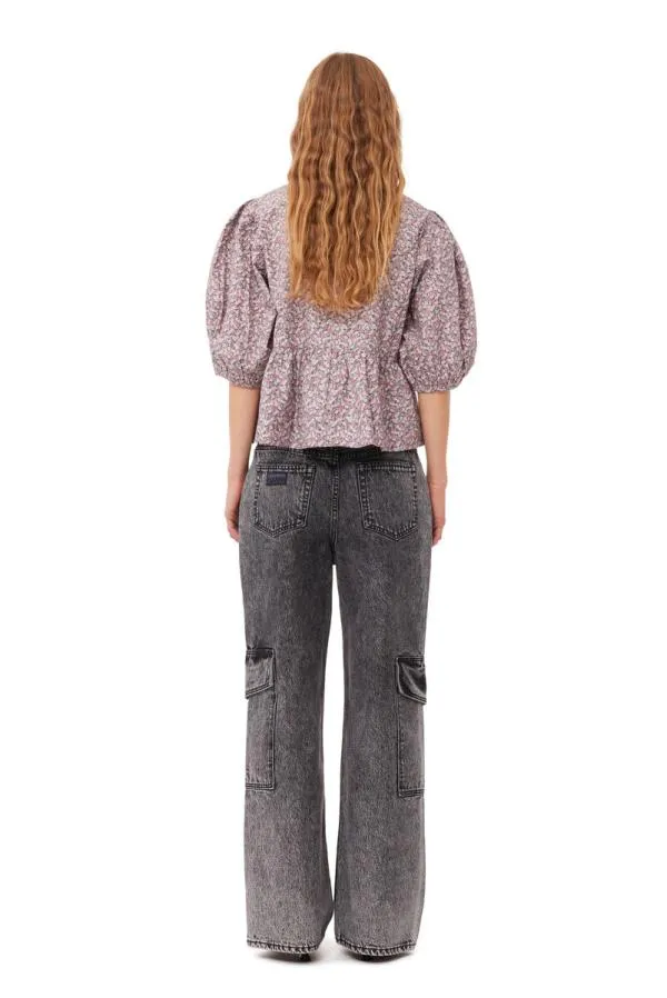 Clothing GANNI Extended Sizes Floral Cotton Poplin Blouse Frost Gray