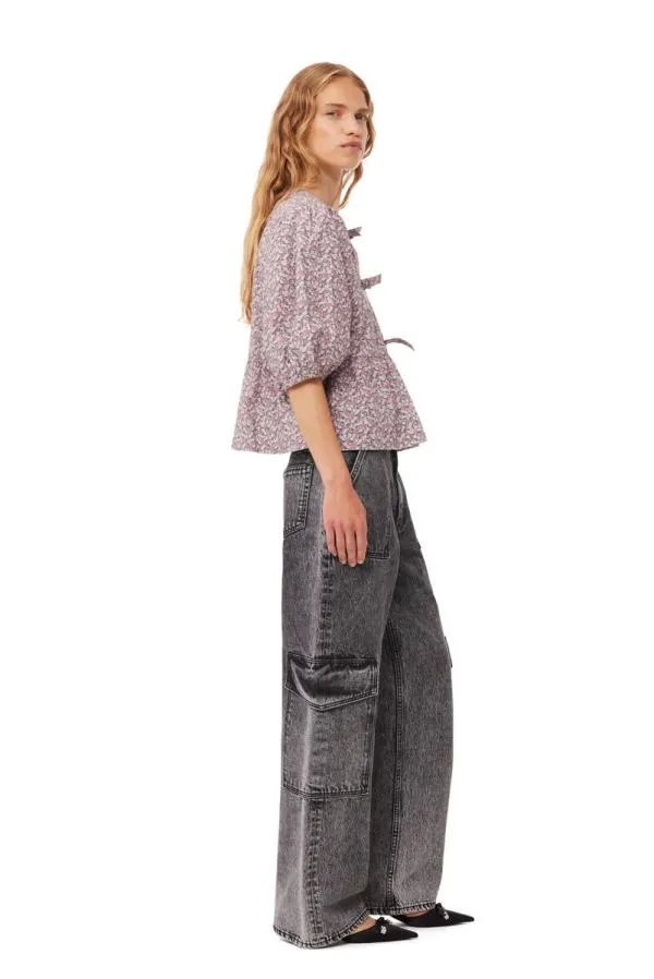 Clothing GANNI Extended Sizes Floral Cotton Poplin Blouse Frost Gray