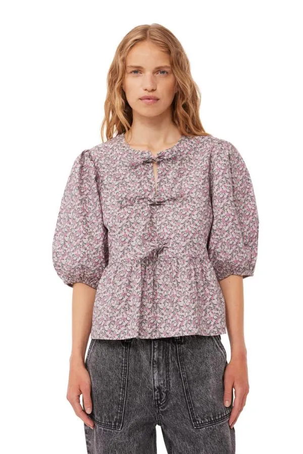 Clothing GANNI Extended Sizes Floral Cotton Poplin Blouse Frost Gray
