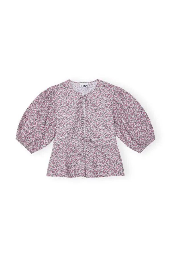 Clothing GANNI Extended Sizes Floral Cotton Poplin Blouse Frost Gray