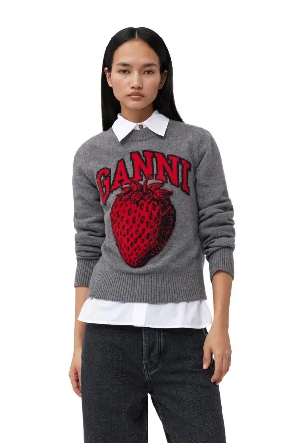Clothing GANNI Extended Sizes Graphic Strawberry Oneck Pullover Frost Gray