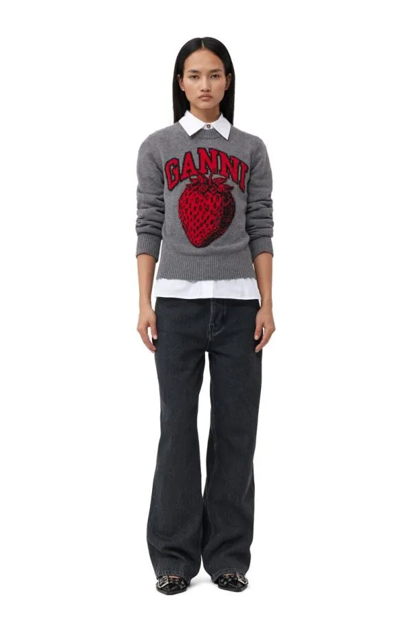 Clothing GANNI Extended Sizes Graphic Strawberry Oneck Pullover Frost Gray Clothing GANNI Extended Sizes Graphic Strawberry Oneck Pullover Frost Gray