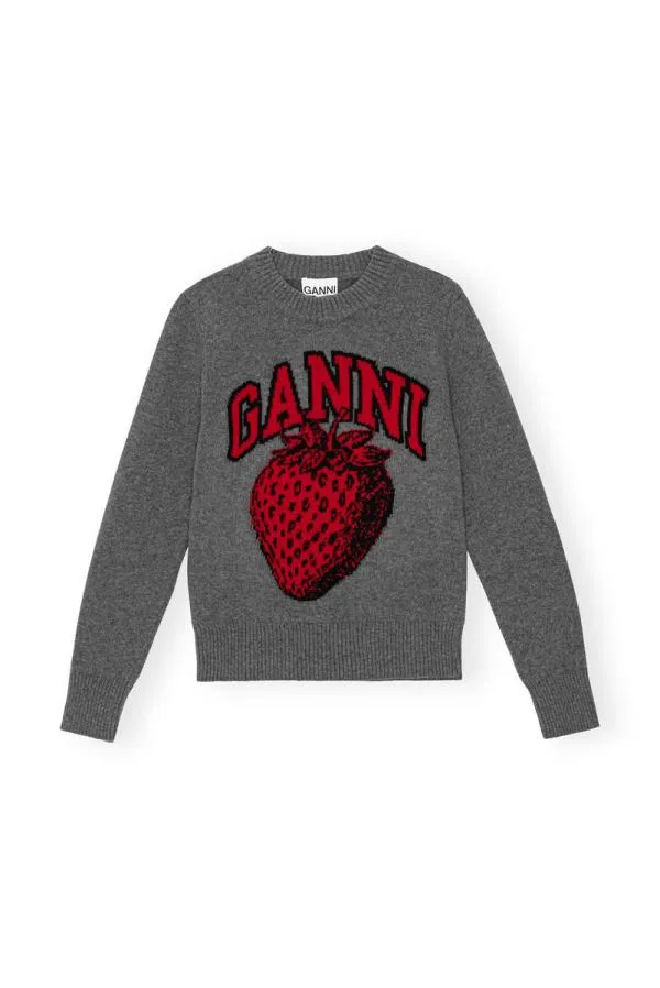 Clothing GANNI Extended Sizes Graphic Strawberry Oneck Pullover Frost Gray Clothing GANNI Extended Sizes Graphic Strawberry Oneck Pullover Frost Gray