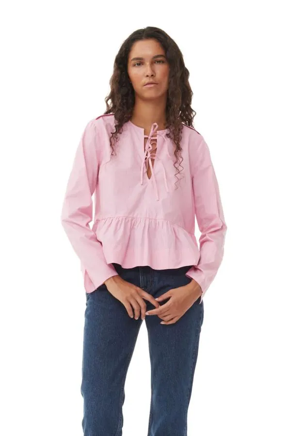 Clothing GANNI Extended Sizes Pink Cotton Poplin Tie String Peplum Blouse Orchid Smoke Clothing GANNI Extended Sizes Pink Cotton Poplin Tie String Peplum Blouse Orchid Smoke