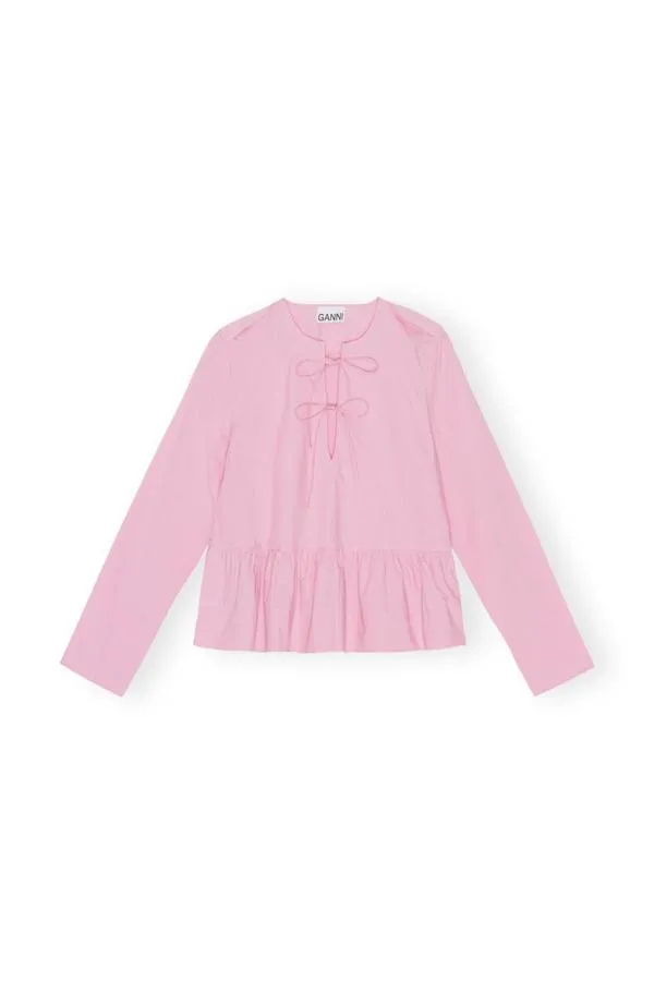 Clothing GANNI Extended Sizes Pink Cotton Poplin Tie String Peplum Blouse Orchid Smoke Clothing GANNI Extended Sizes Pink Cotton Poplin Tie String Peplum Blouse Orchid Smoke