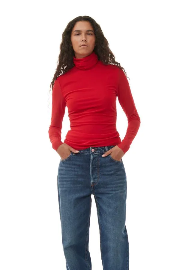 Clothing GANNI Extended Sizes Red Mesh Long Sleeve Roll Neck Racing Red