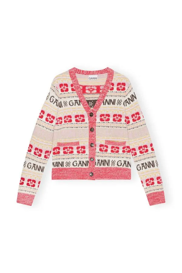 Clothing GANNI Knitwear Logo Wool Mix Cardigan Multicolour Clothing GANNI Knitwear Logo Wool Mix Cardigan Multicolour