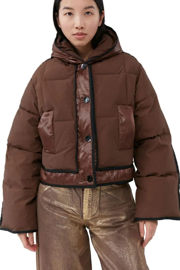 Clothing GANNI Outerwear Brown Short Hooded Puffer Jacket Shaved Chocolate Clothing GANNI Outerwear Brown Short Hooded Puffer Jacket Shaved Chocolate