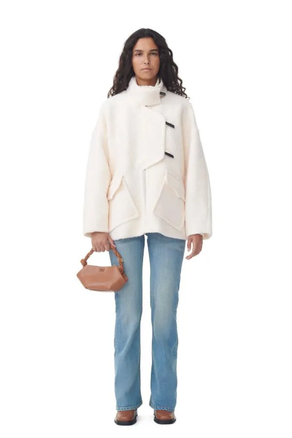 Clothing GANNI Outerwear White Boucle Wool Shoulder Jacket Egret