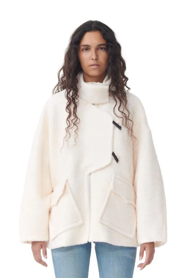 Clothing GANNI Outerwear White Boucle Wool Shoulder Jacket Egret Clothing GANNI Outerwear White Boucle Wool Shoulder Jacket Egret