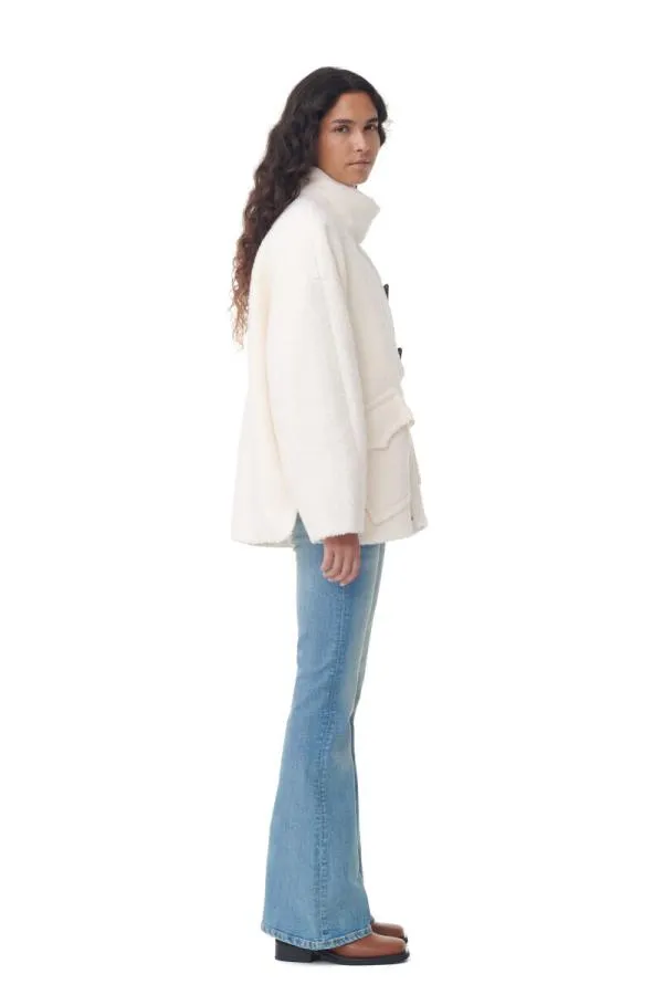 Clothing GANNI Outerwear White Boucle Wool Shoulder Jacket Egret Clothing GANNI Outerwear White Boucle Wool Shoulder Jacket Egret