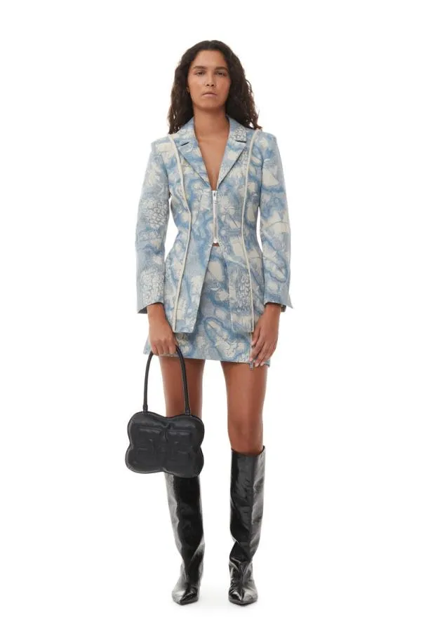 Clothing GANNI Suiting Brocade Fitted Blazer Silver Lake Blue Clothing GANNI Suiting Brocade Fitted Blazer Silver Lake Blue