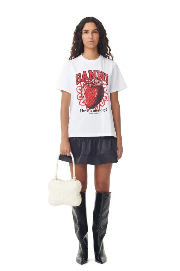 Clothing GANNI TShirts White Relaxed Strawberry Tshirt Bright White Clothing GANNI TShirts White Relaxed Strawberry Tshirt Bright White