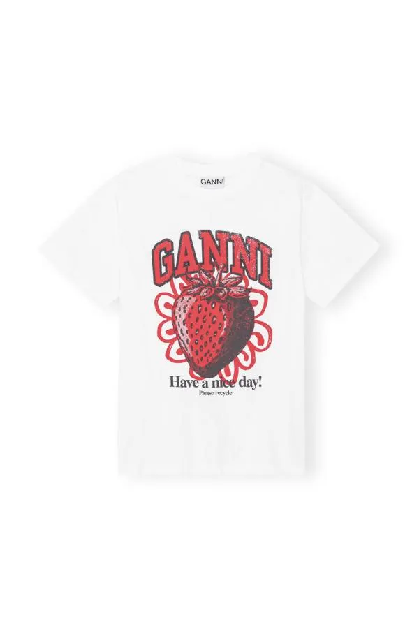 Clothing GANNI TShirts White Relaxed Strawberry Tshirt Bright White Clothing GANNI TShirts White Relaxed Strawberry Tshirt Bright White