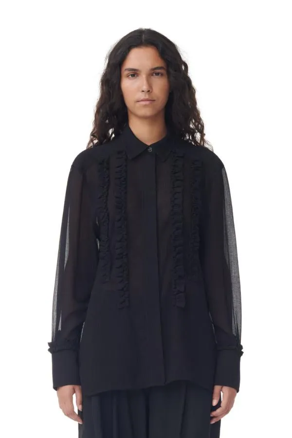 Clothing GANNI Tops Black Chiffon Ruffle Shirt Black