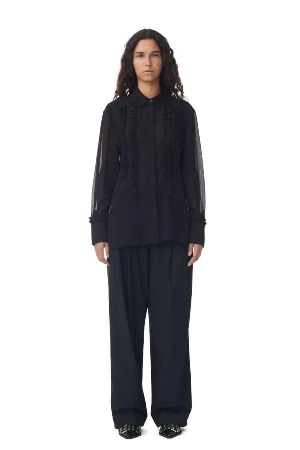 Clothing GANNI Tops Black Chiffon Ruffle Shirt Black Clothing GANNI Tops Black Chiffon Ruffle Shirt Black