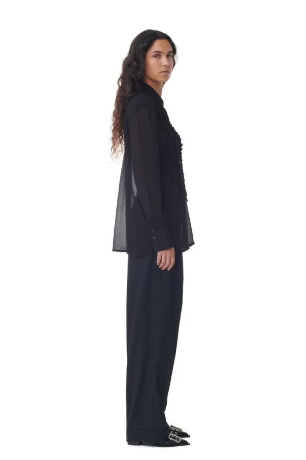 Clothing GANNI Tops Black Chiffon Ruffle Shirt Black Clothing GANNI Tops Black Chiffon Ruffle Shirt Black