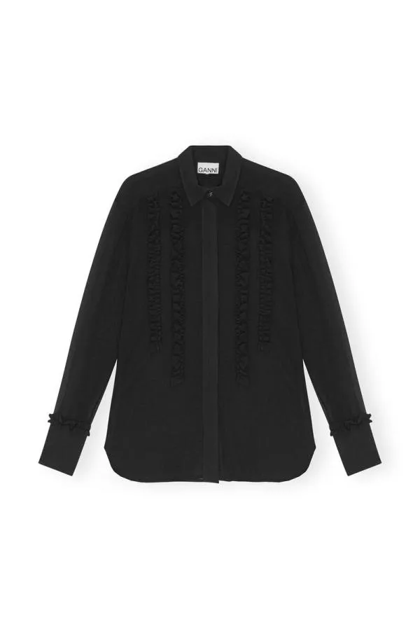 Clothing GANNI Tops Black Chiffon Ruffle Shirt Black Clothing GANNI Tops Black Chiffon Ruffle Shirt Black