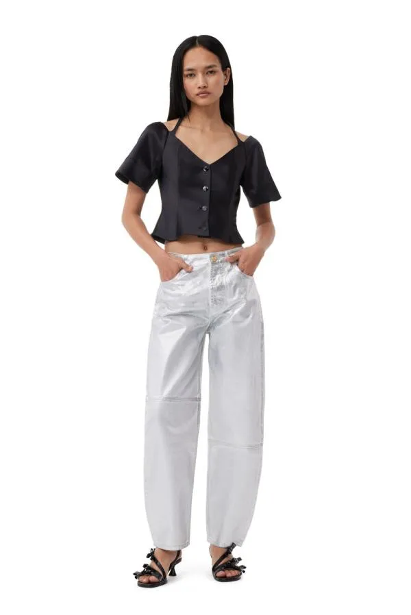 Clothing GANNI Tops Black Double Satin Fitted Openneck Blouse Black