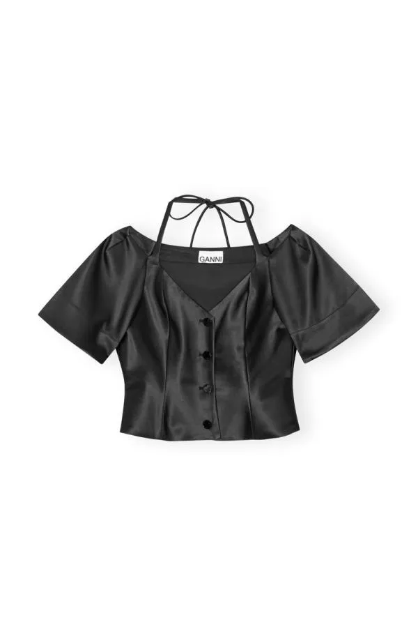 Clothing GANNI Tops Black Double Satin Fitted Openneck Blouse Black