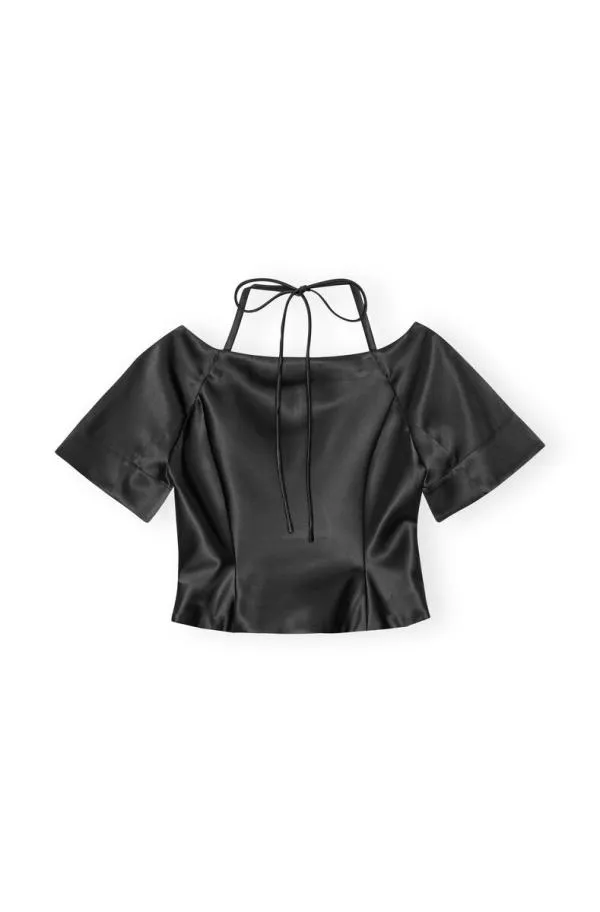 Clothing GANNI Tops Black Double Satin Fitted Openneck Blouse Black